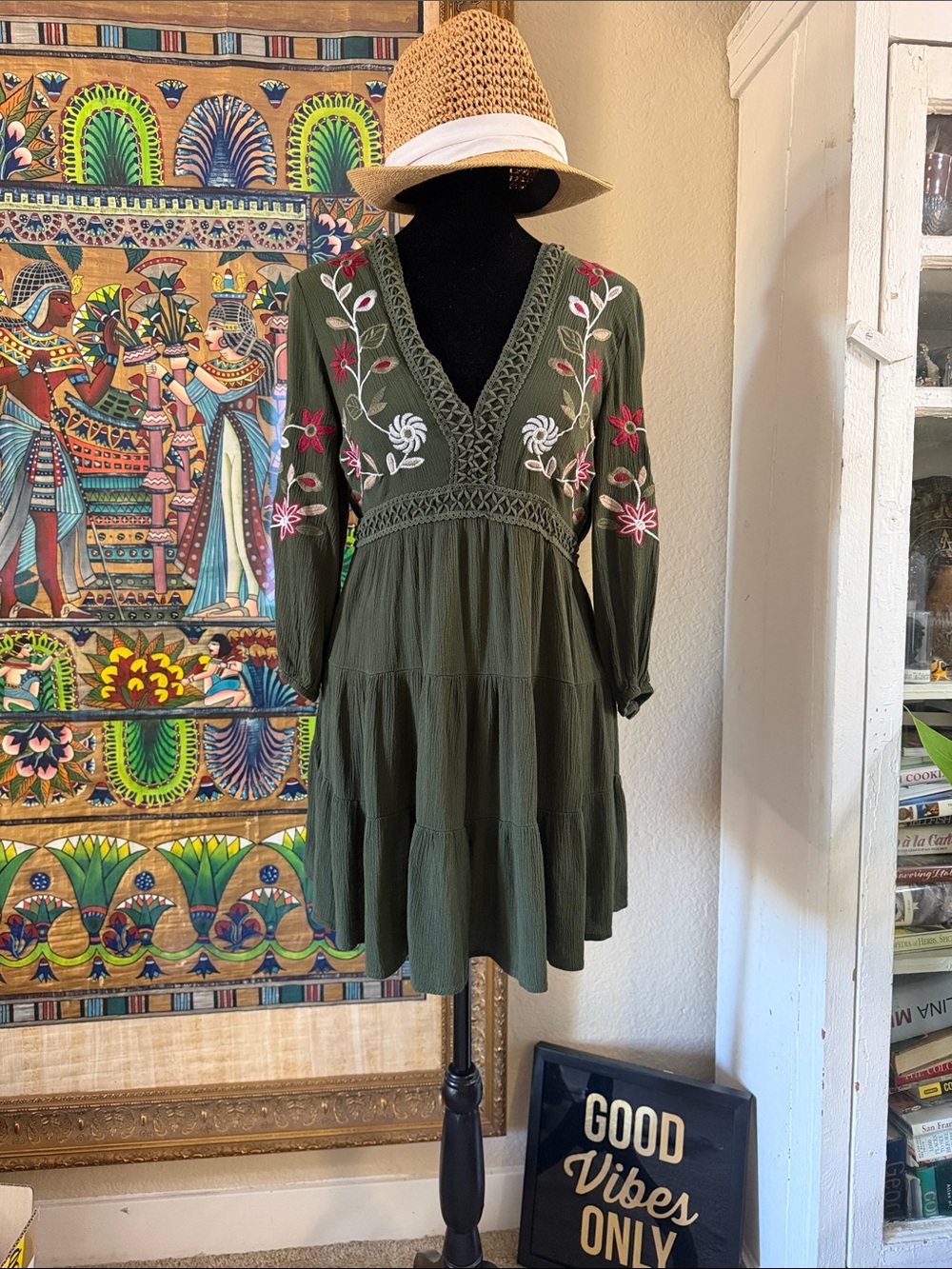Francesca’s embroidered V-Neck Olive Green Dress